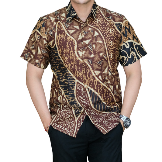 Men's Batik Shirt Brown Short Sleeve - Romo