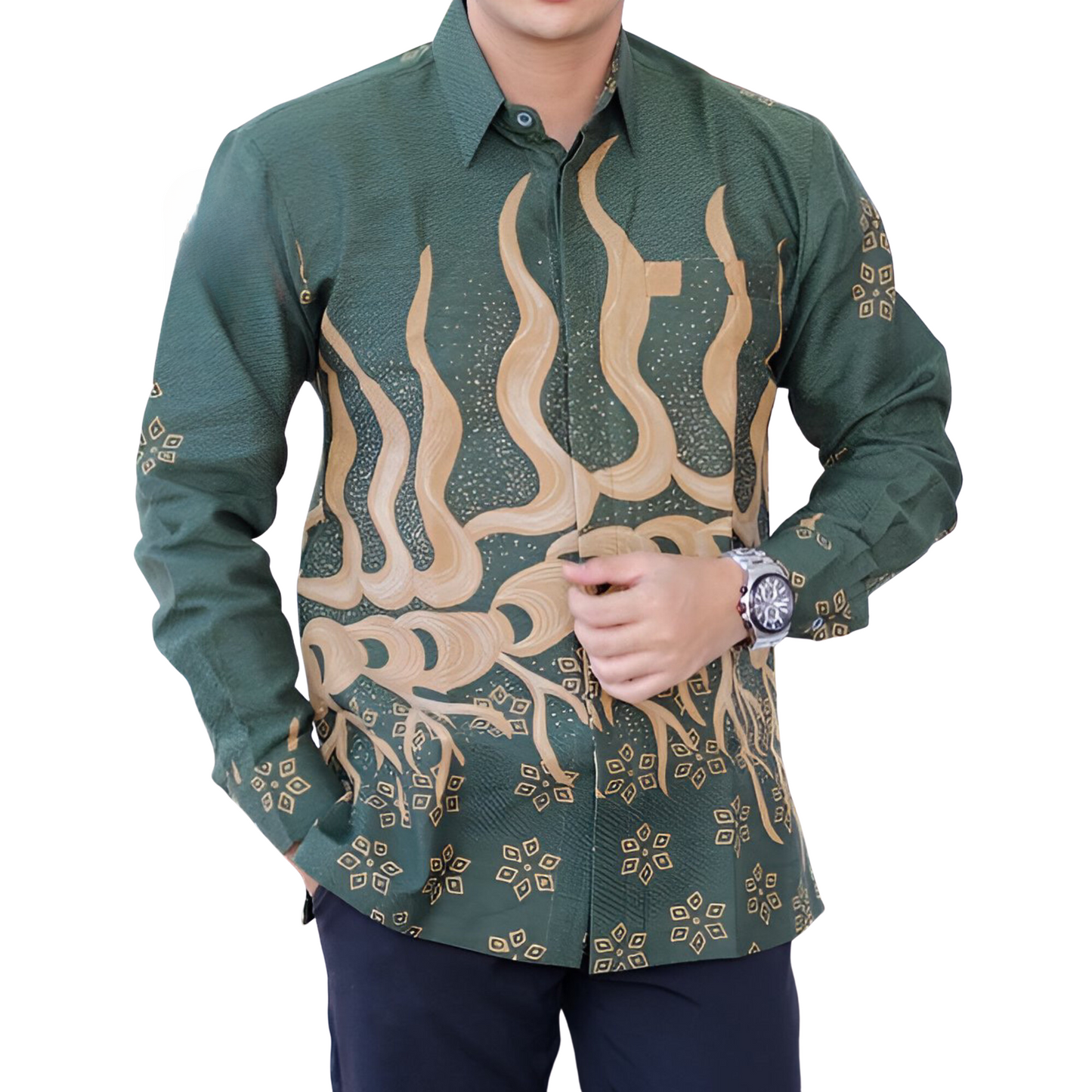 Men's Batik Shirt Green Long Sleeve - Terumbu