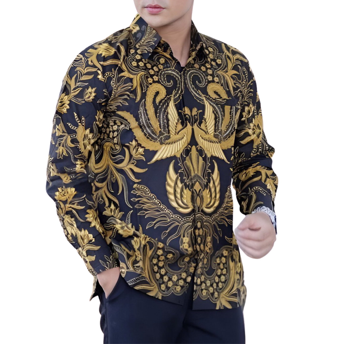 Men's Batik Shirt Black Long Sleeve - Wismaji